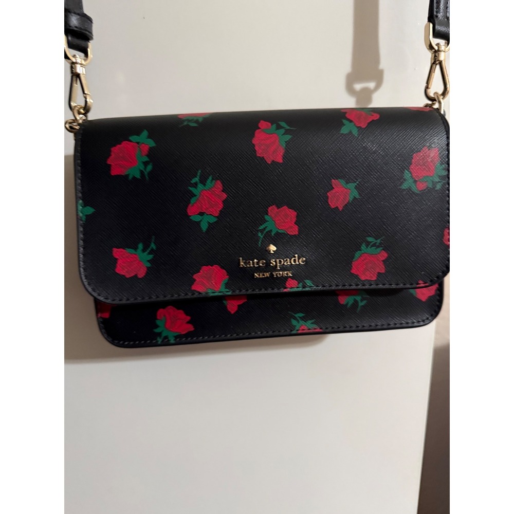 Kate Spade Madison Rose Garden Crossbody Bag Black Floral Saffiano Leather KC586